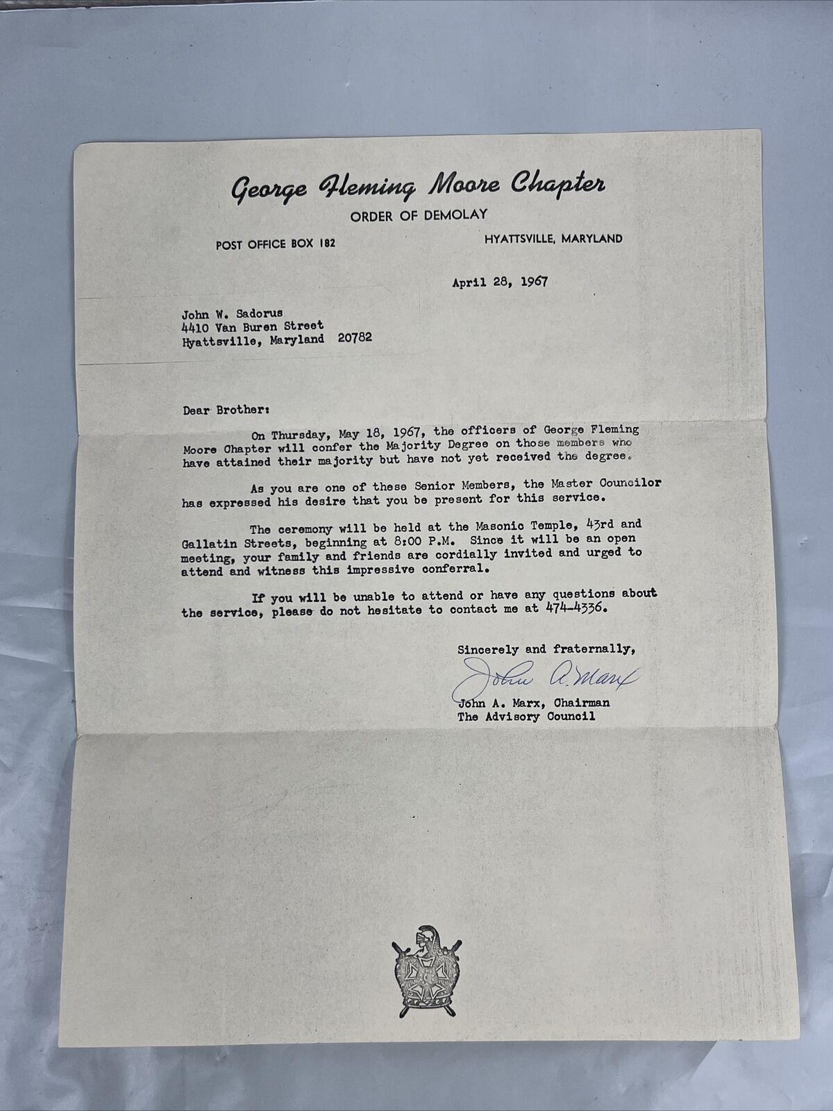 Vintage Masonic Mason 1967 Order of Demolay George Fleming Moore Hyattsville MD 