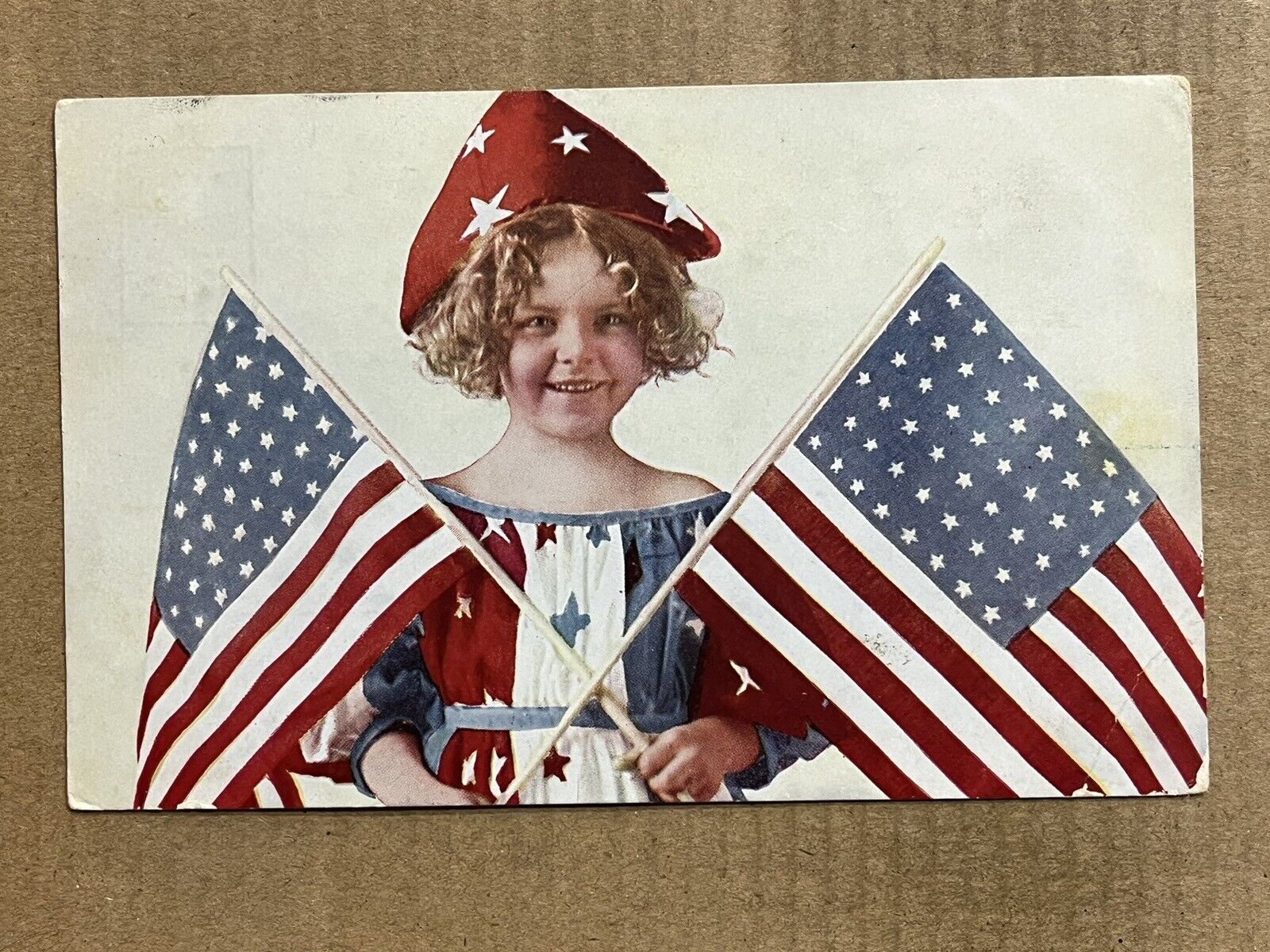 Postcard Patriotic Little Girl Child Dressed As Miss Columbia American Flags
