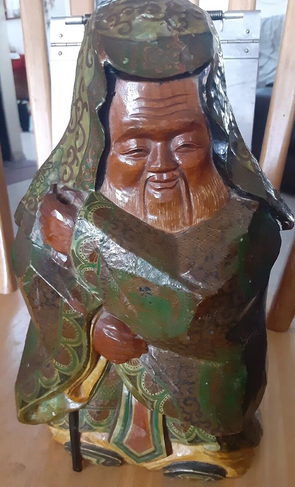 Asian Hand Painted And Carved Wood Deity  Japanese Jurojin God Of Longevity 