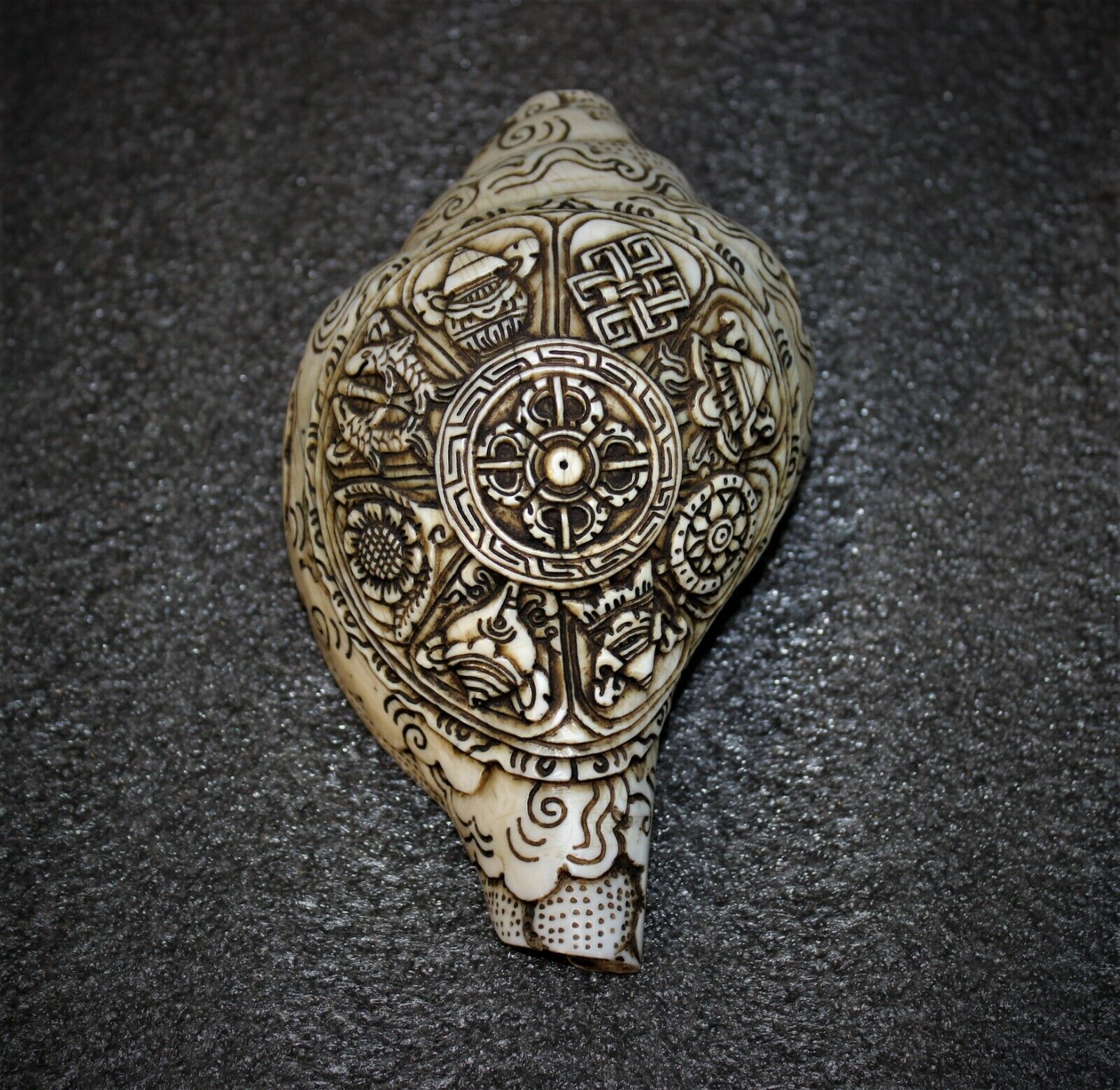 Antique Tibetan Asta Mangal Carved Left conch Shell Trumpet Instrument  Nepal
