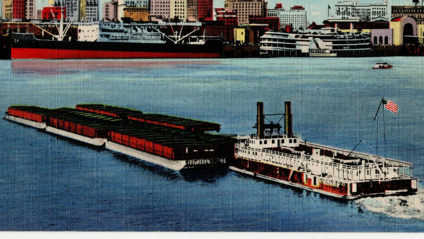 1942 Federal Barge Line Tug Boat New Orleans Skyline Curt Teich