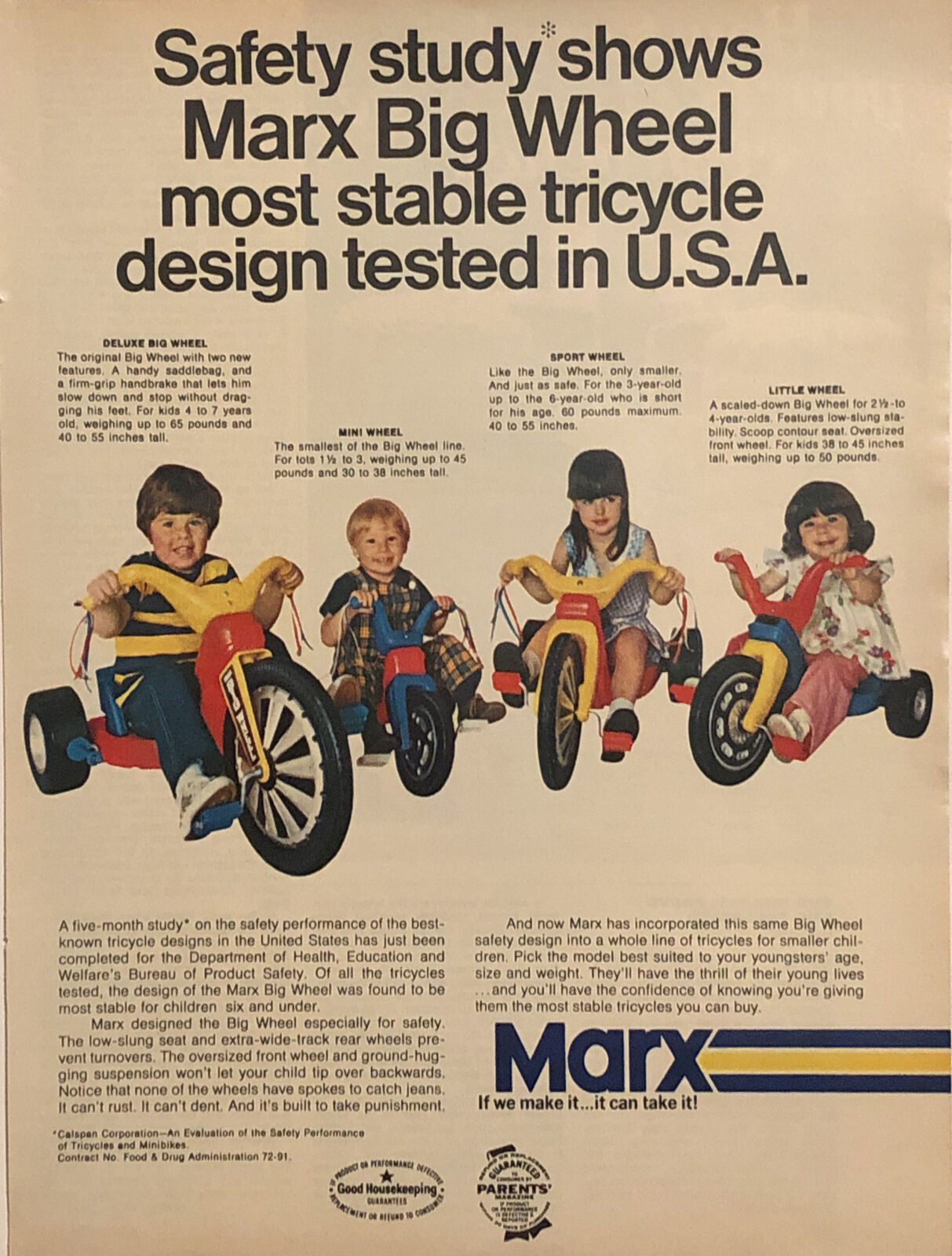 PRINT AD 1973 Marx Big Wheel Kids Ride Toy Most Stable Tricycle - It Can Take It