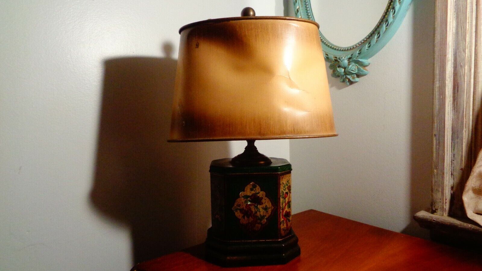 Vintage Green Tole Leviton Lamp Mid Century Modern Floral Desk Table MCM 