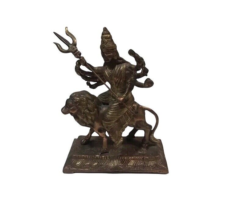 Vintage Durga Lion Brass and Copper Figure Sculpture