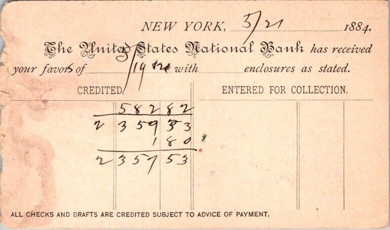 Postcard Deposit Receipt from United States National Bank New York NY 1884 12219