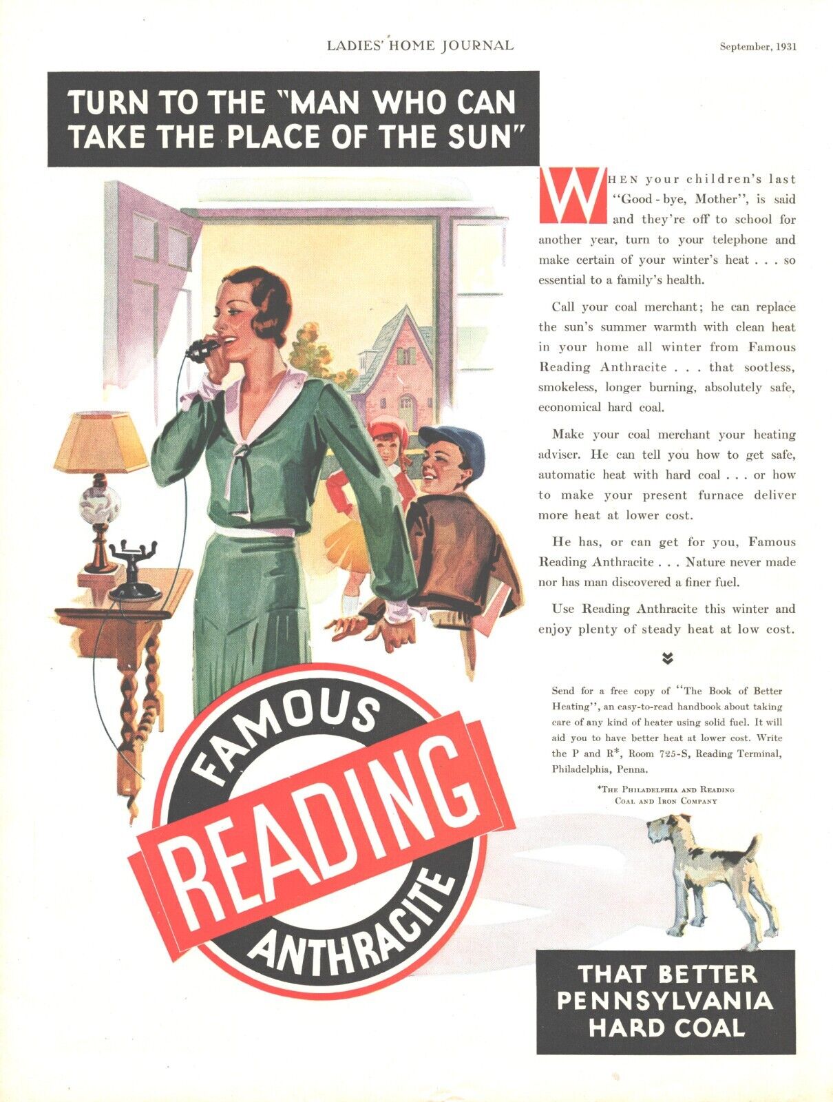 1931 Reading Anthracite Vintage Print Ad Pennsylvania Coal Heating Terrier Dog