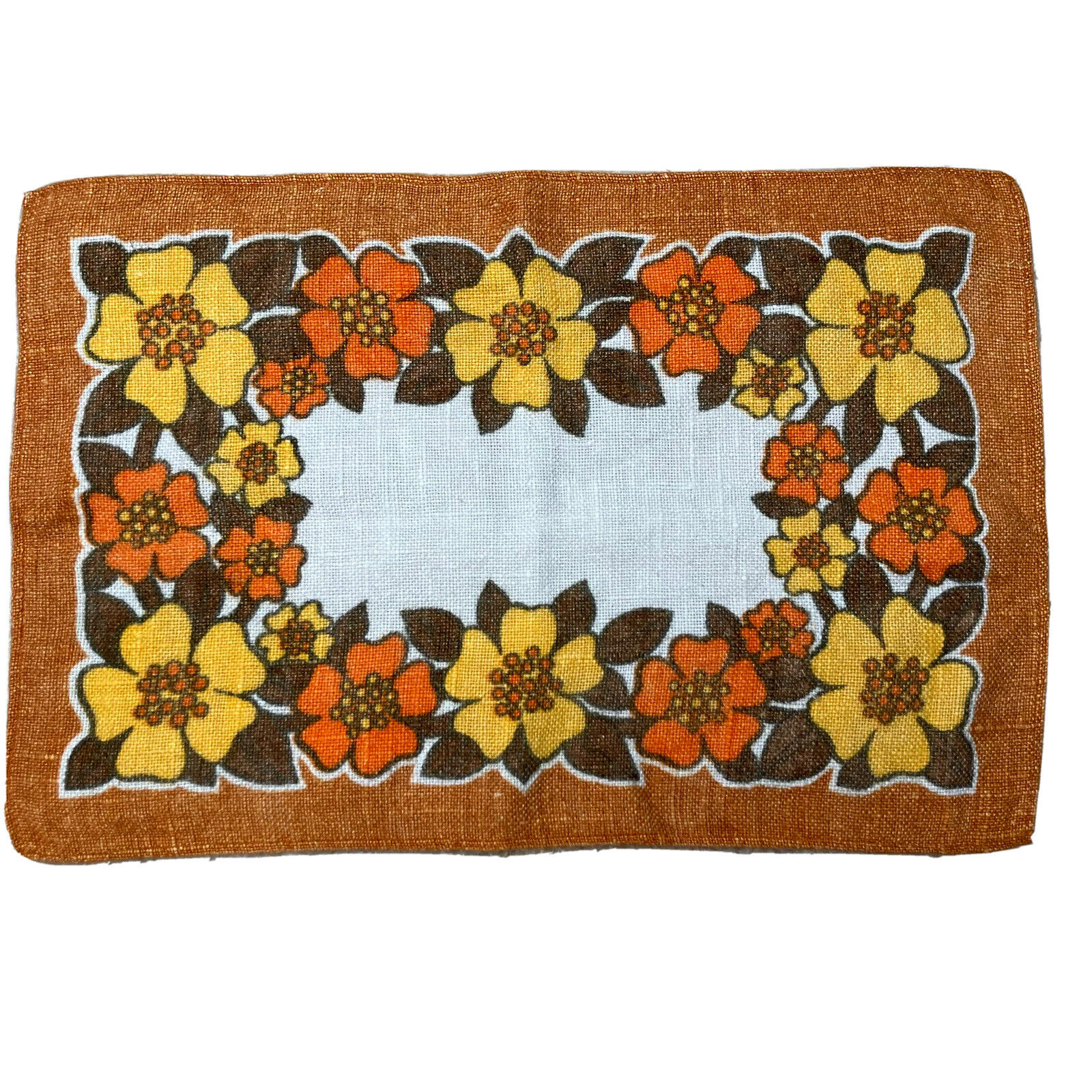 Vintage MCM Linen Placemat X 6 Piece Set Brown Orange Yellow White Flower Floral