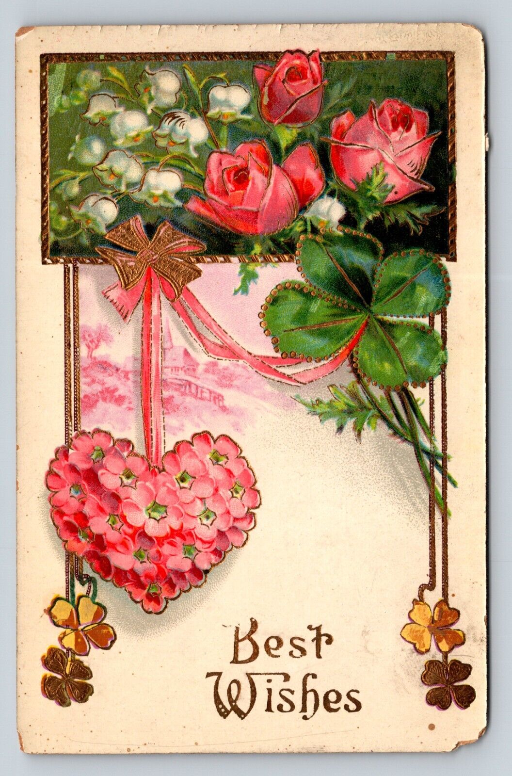 c1911 Best Wishes Pretty Floral Design US Flag Cancellation ANTIQUE Postcard