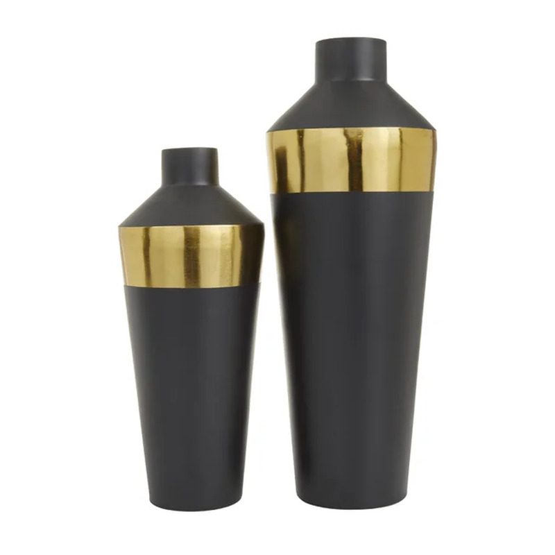 Black Metal Vases with Gold Band, Set of 2