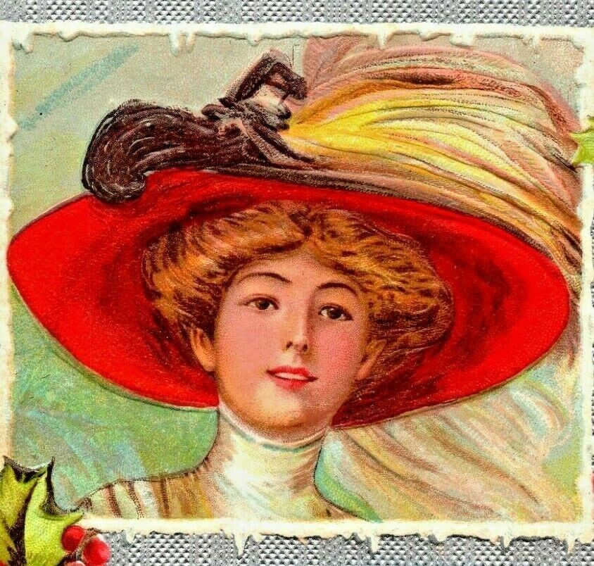 C.1909 Christmas. Beautiful Woman. Large Hats. Dresden Holly. Kathryne Shoemaker