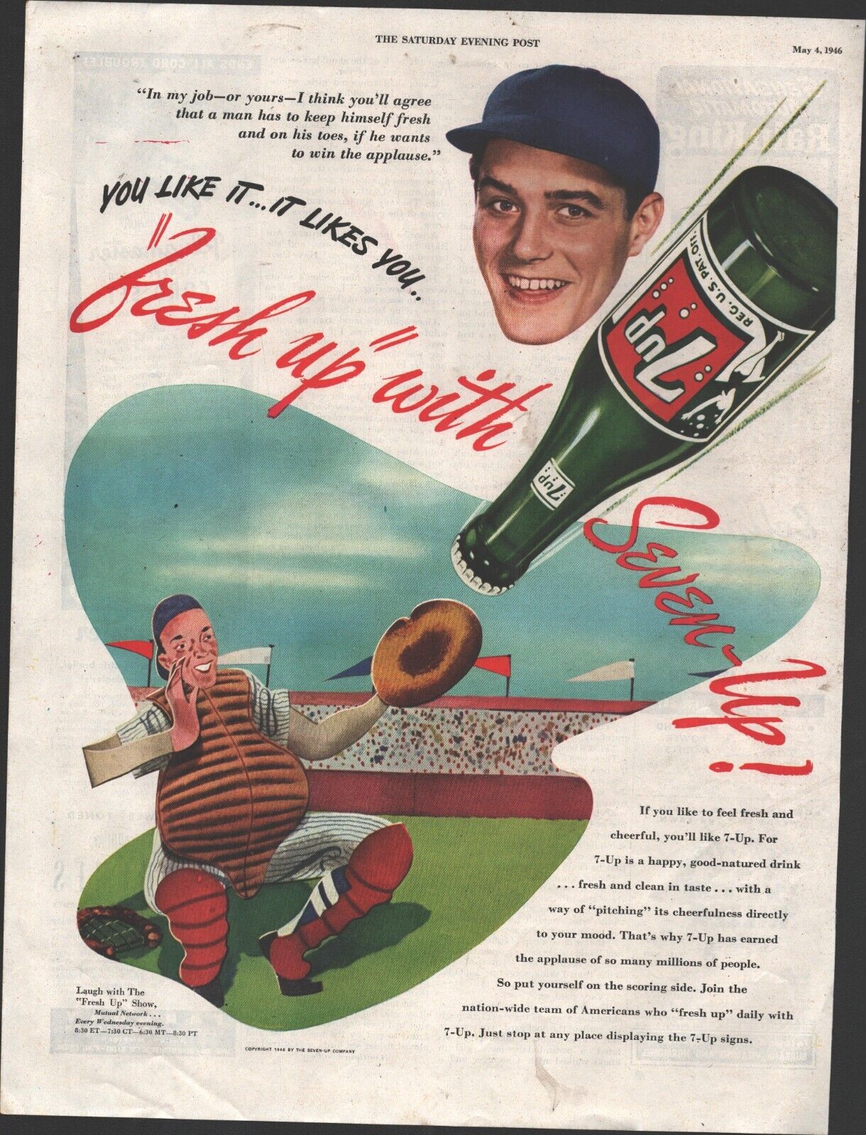 1946~7 Up~Fresh Up Show~Soda Advertisement~Baseball Game~Vintage Print Ad F4