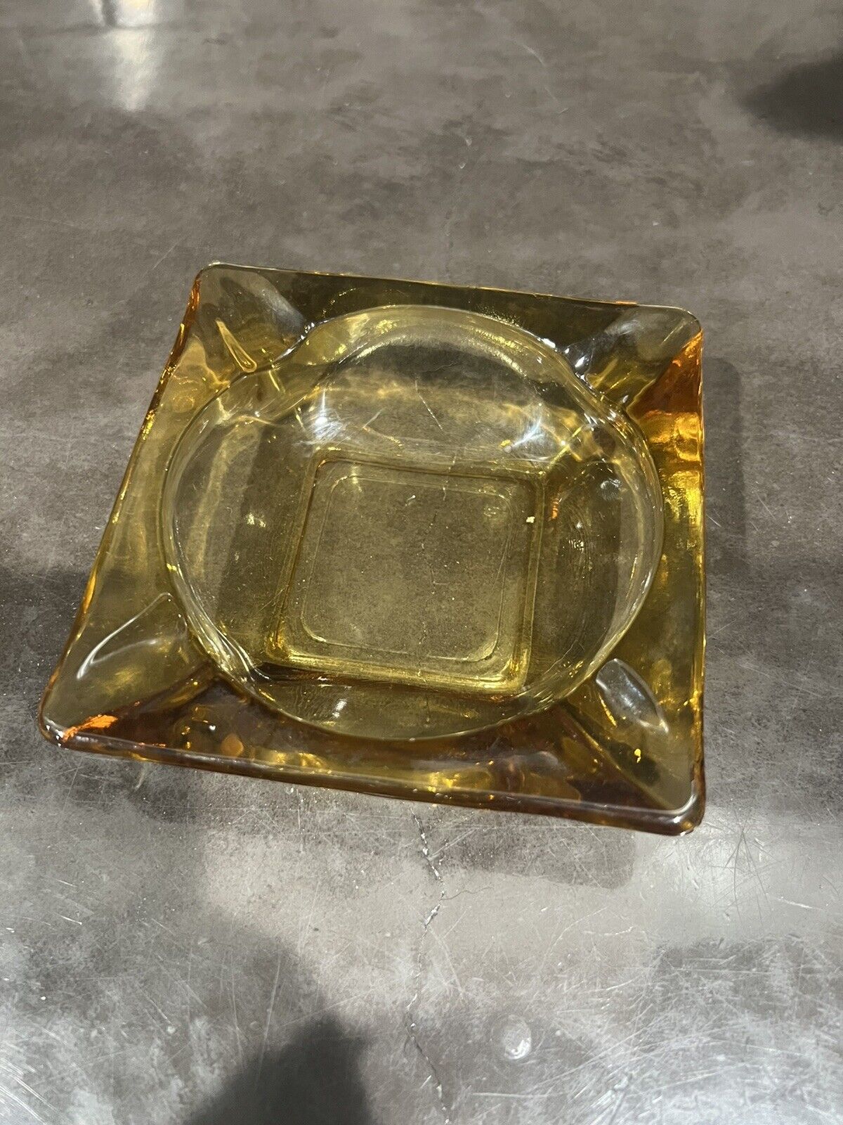 Vintage Amber Square Glass Ashtray 4.5” x 4.5”  -  4 Slot Mid-Century Modern MCM