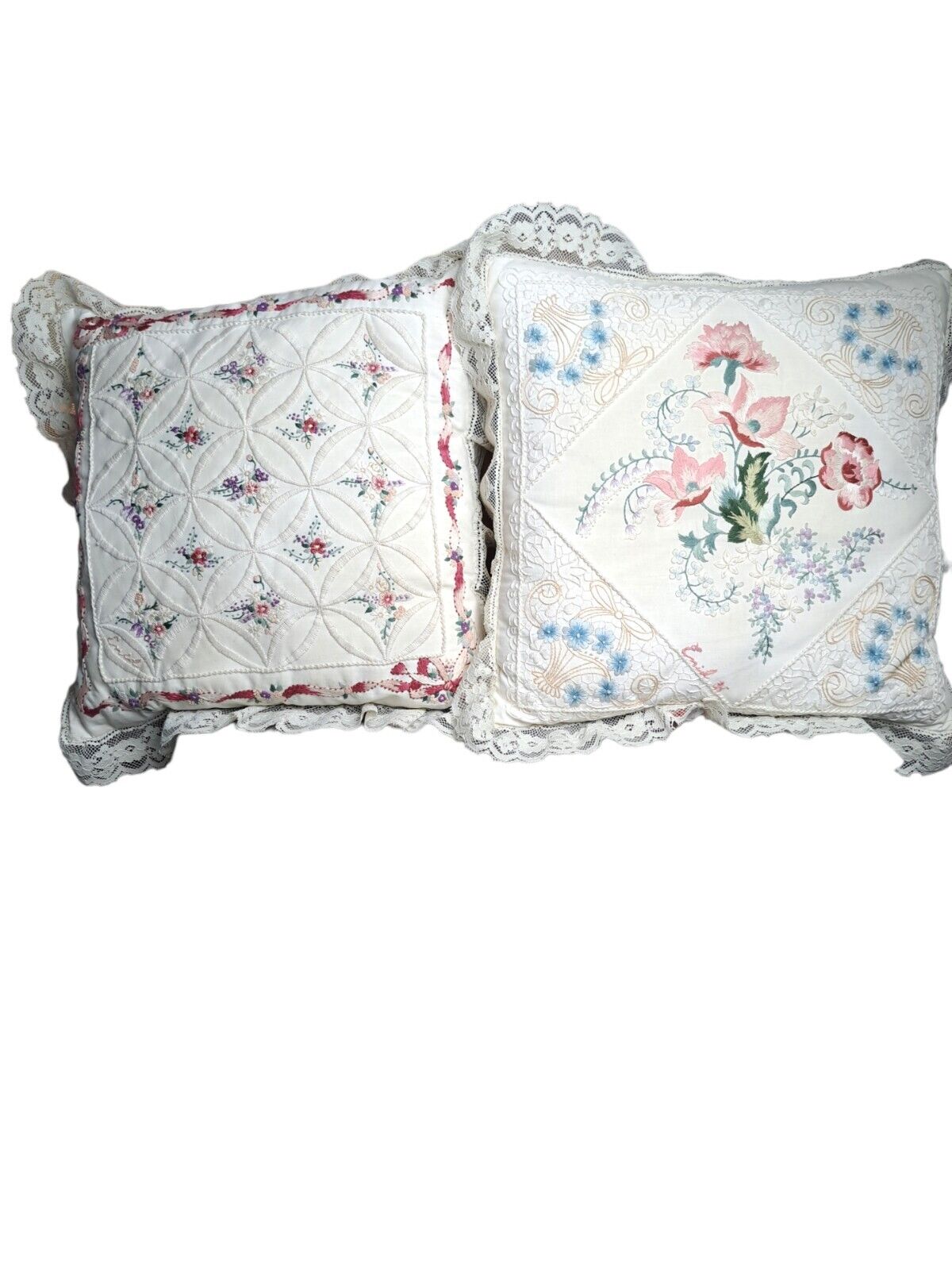 Vintage Pair Hand Embroidered Floral Throw Pillows~Lace Edges~Signed