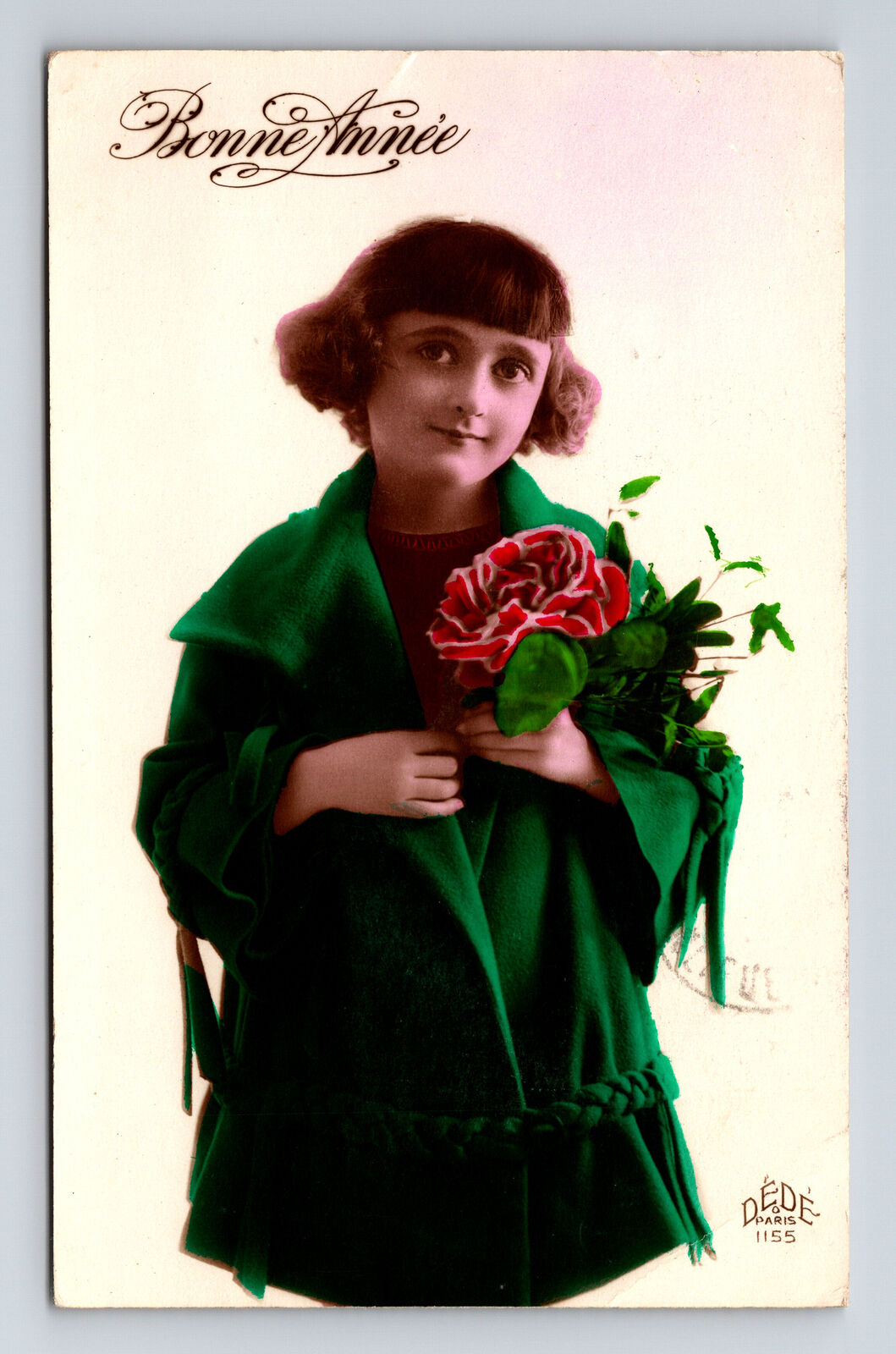 RPPC Young French Girl Bouquet Carnation Flower Hand Colored Dede Paris Postcard