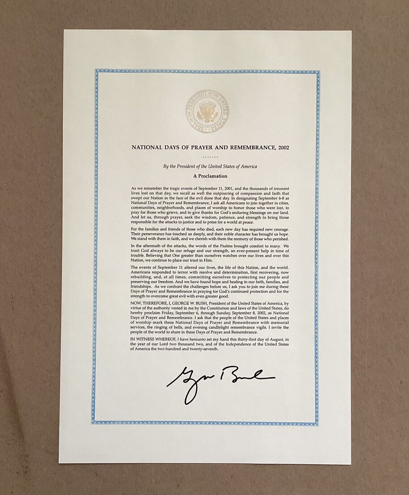 A Proclamation of Sep. 11 Remembrance, Sealed  Pres. George Bush, Signed, 2002