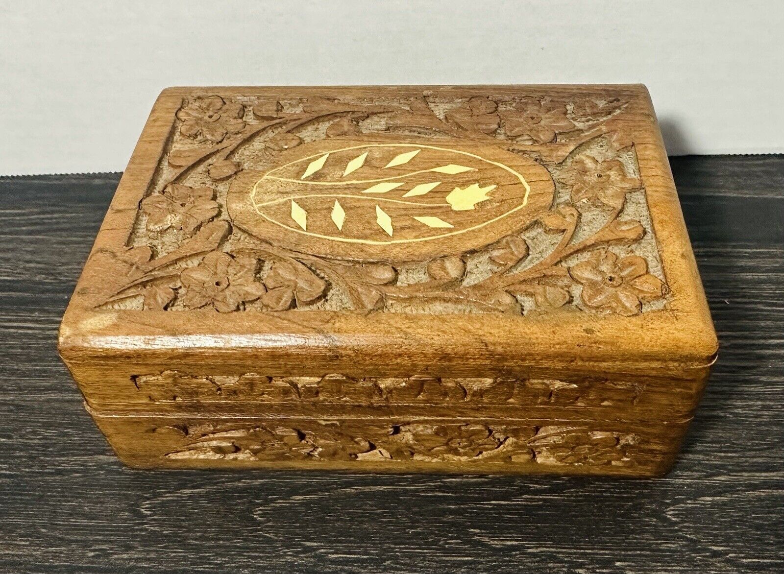 Vintage - Hand Carved - Teak Wooden Jewelry/Trinket Box - Made in India