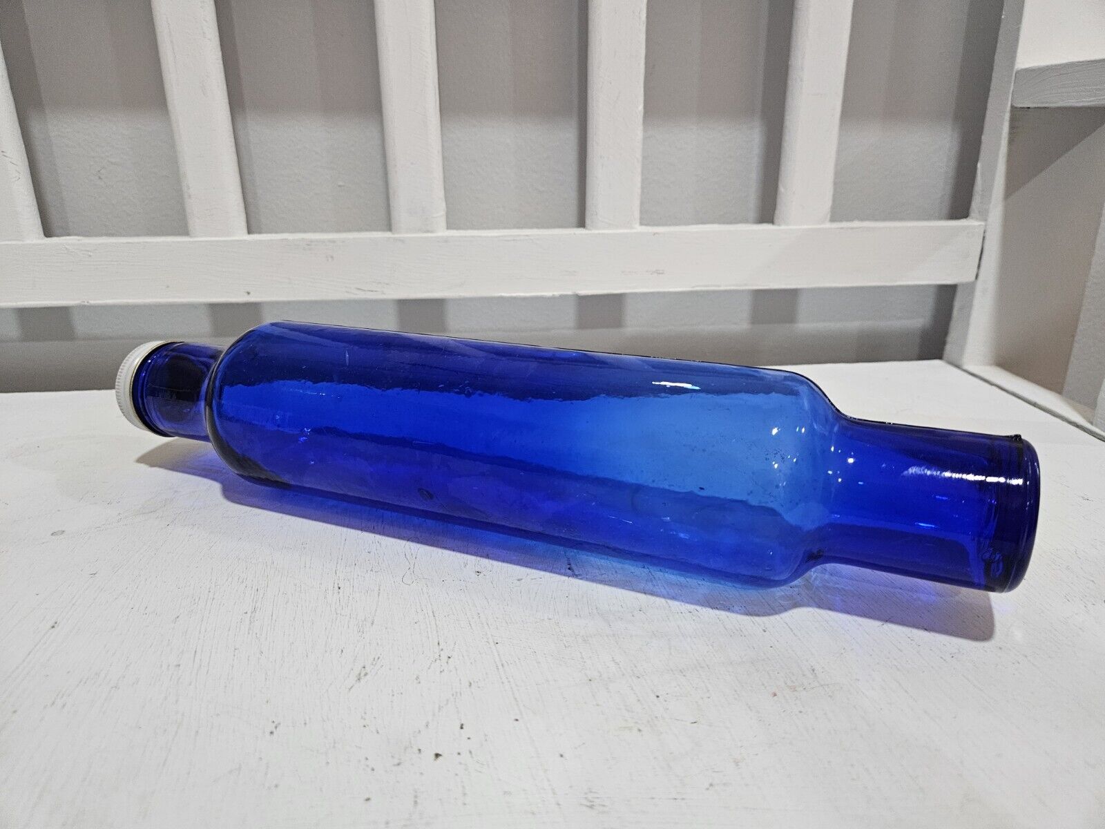 Vtg Cobalt Blue Glass Rolling Pin With Metal Cap 13.5\