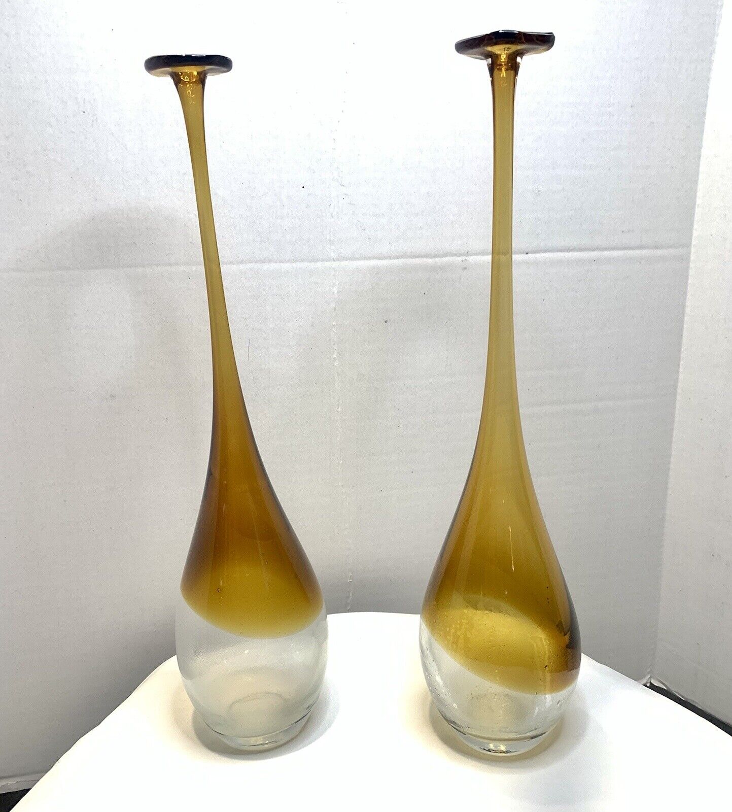 Tall Veneto Dijon  Clear to Amber Stretch Glass Long Neck Art Glass Vase 16\