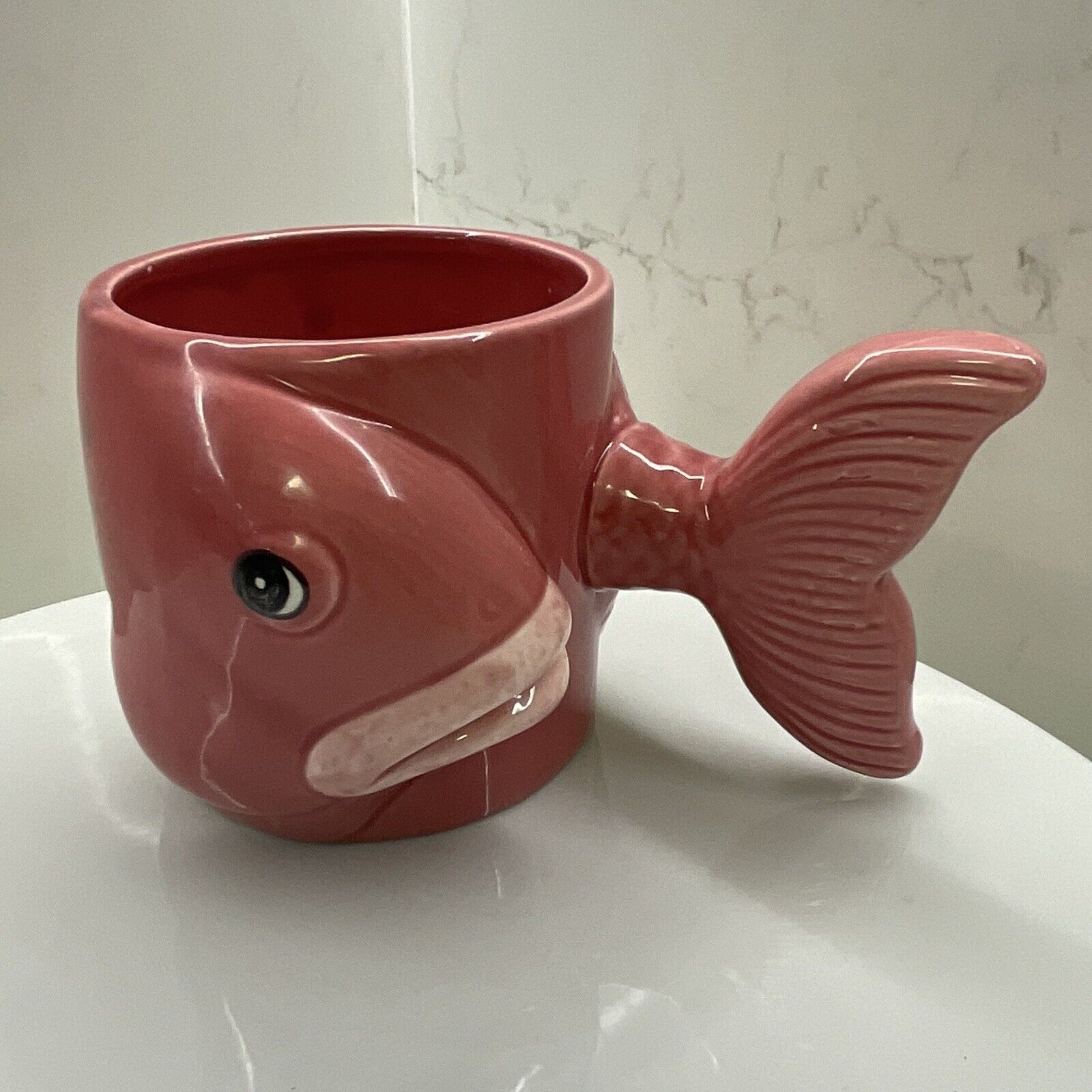Vintage PINK Salmon Mug Fish Tail Handle Cup