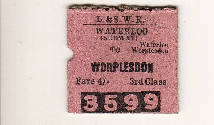 Railway  ticket LSWR Waterloo (Subway) - Worplesdon 1919?