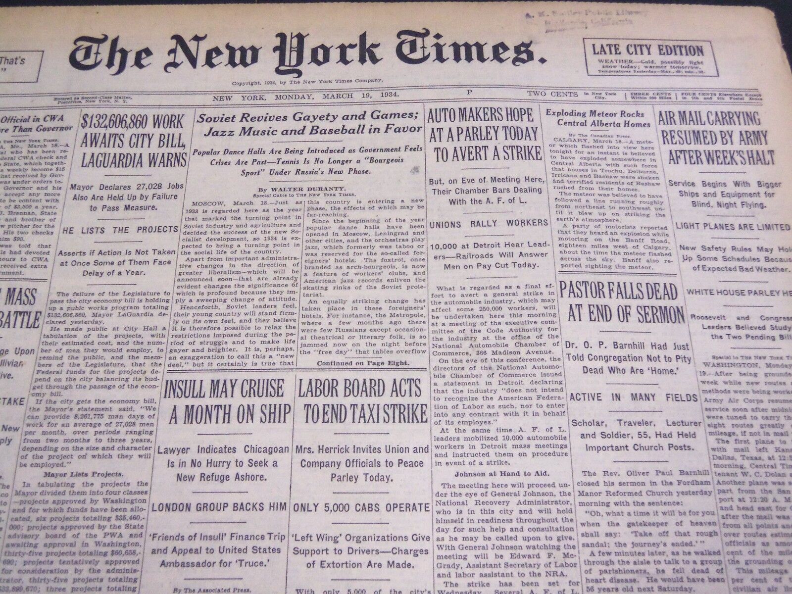 1934 MARCH 19 NEW YORK TIMES - PASTOR BARNHILL FALLS DEAD - NT 4212