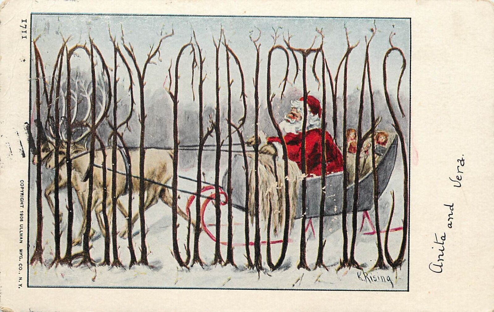 Merry Christmas Spelled With Trees Postcard Santa Claus Drives Sleigh K. Rising