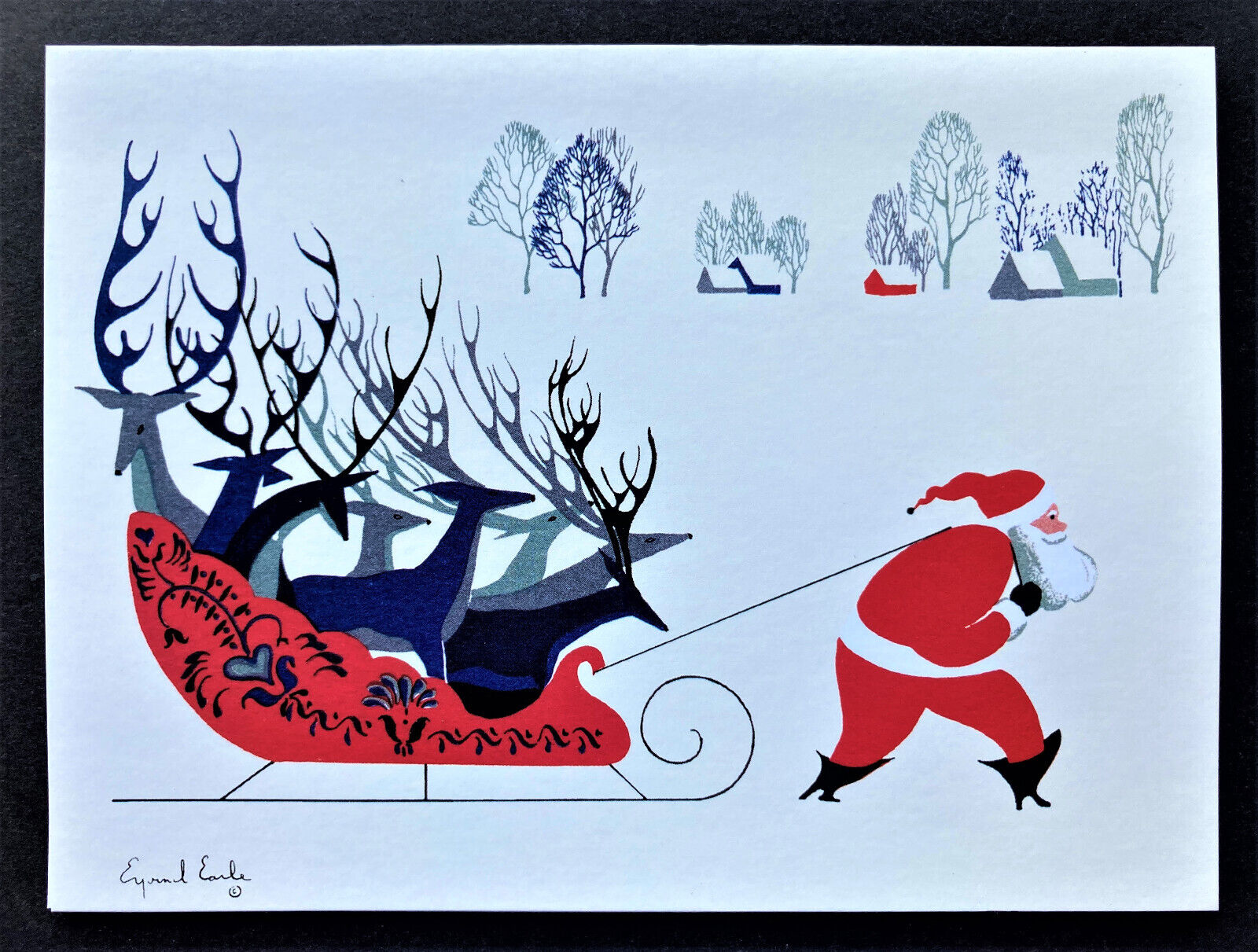 1 Eyvind Earle Christmas Card Santa Pulling Reindeer In Sleigh MMA Met Museum