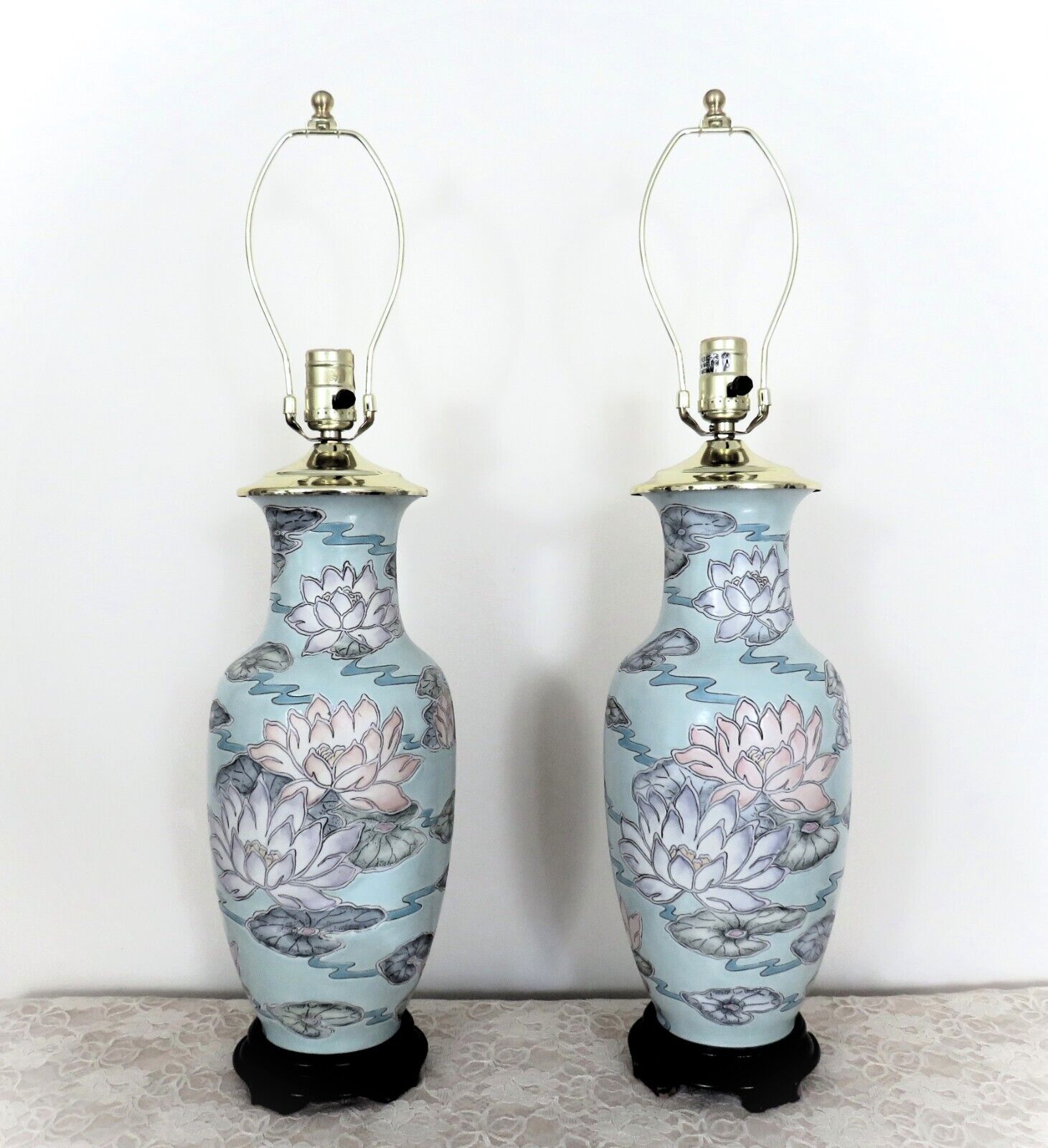 Pair of Chinoiserie Blue Table Lamps Chinese Asian Water Lilies Floral Flowers