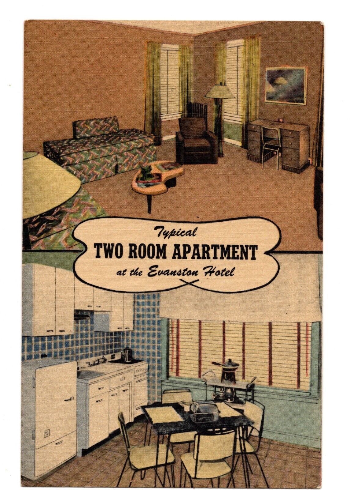 Vintage Linen Postcard - Typical Two Room Apartment at the Evanston Hotel