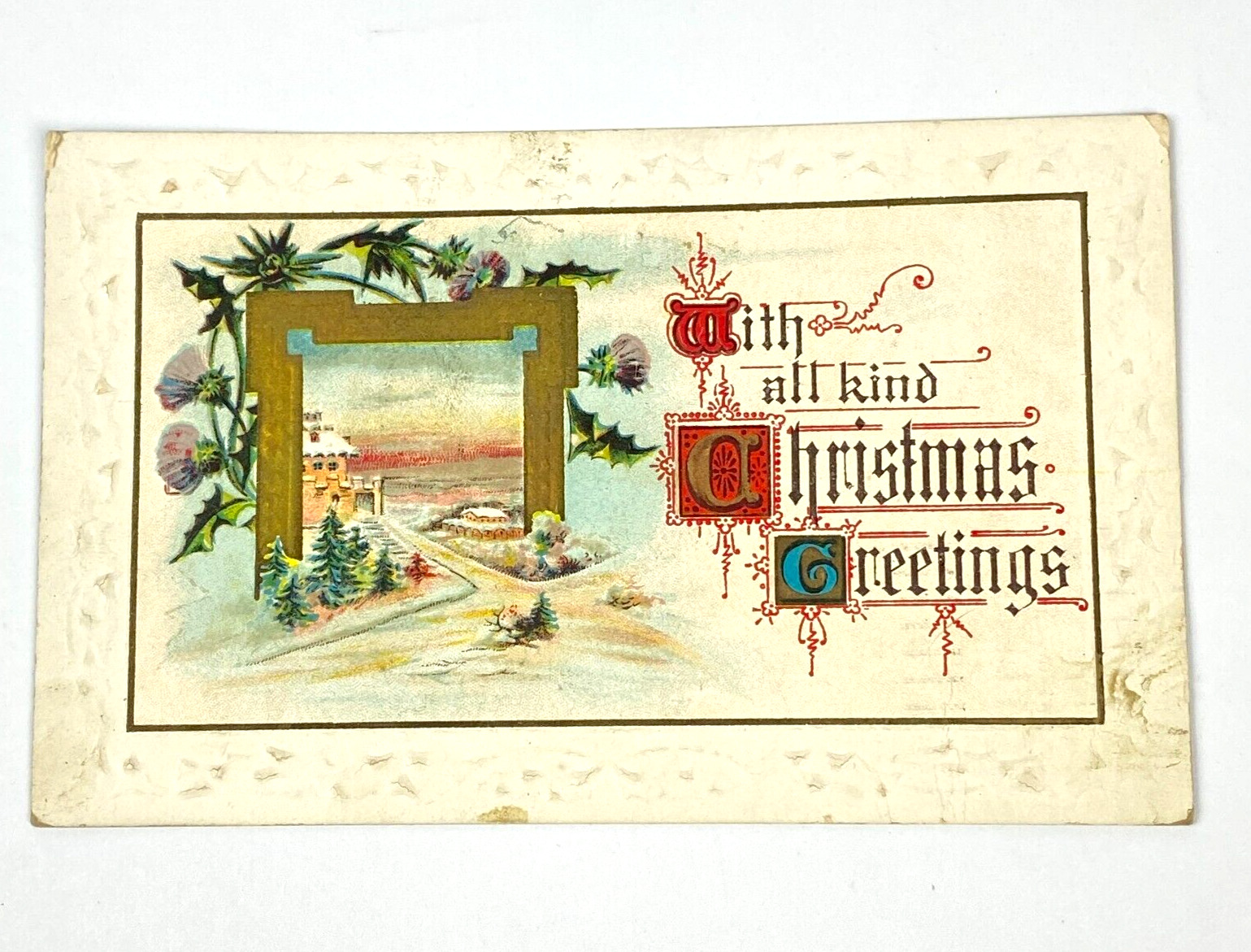 1921 Christmas Greetings Embossed Postcard Snow Village Barn Scene Vintage