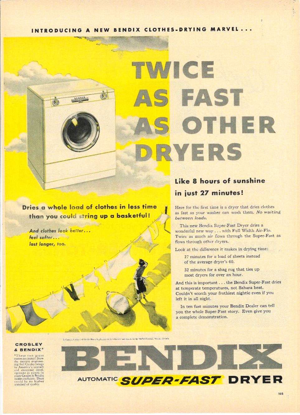 1955 BENDIX Automatic Super Fast Clothes Dryer Vintage Print Ad Appliance