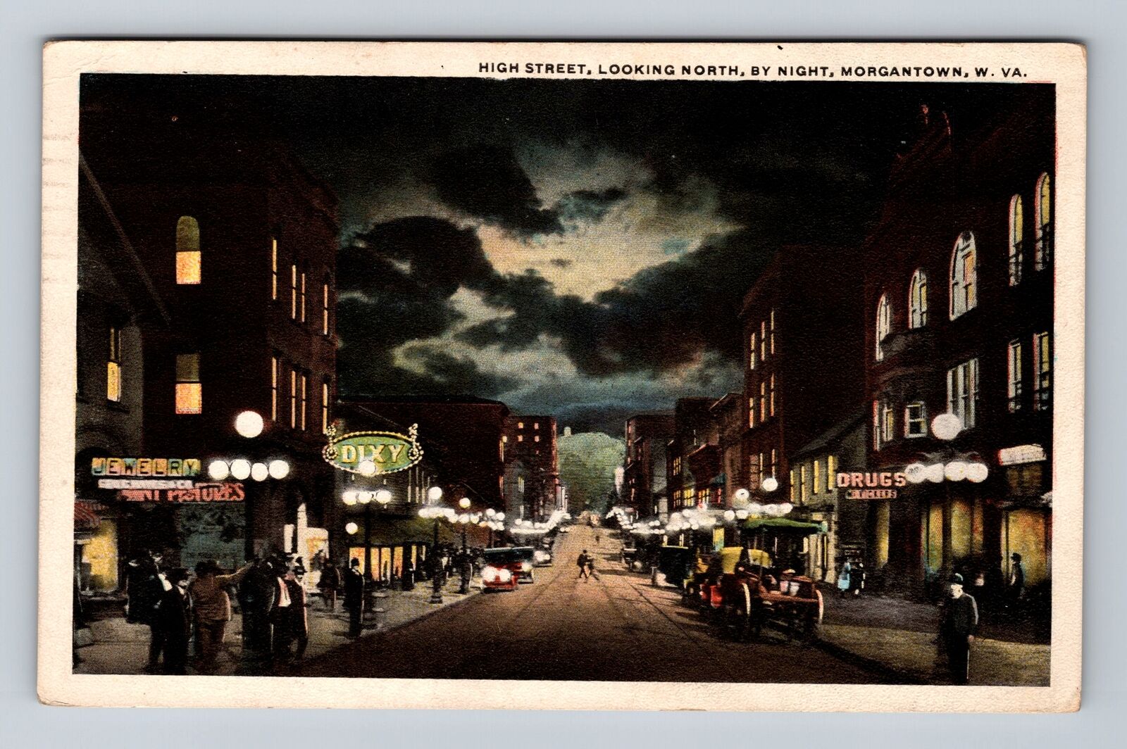 Morgantown WV-West Virginia, High Street North, Night, Vintage c1922 Postcard