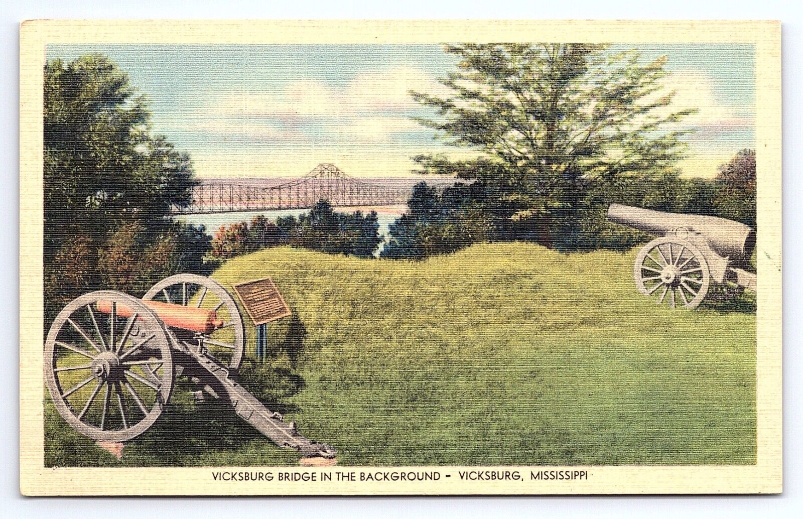 Postcard South Fort Vicksburg Bridge & Civil War Canons Mississippi MS