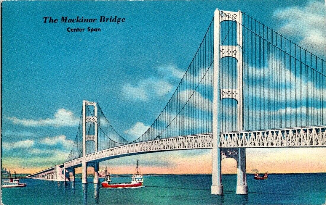 Postcard Michigan Mackinac Bridge Center Span Five Mile Mackinaw City Ships MI