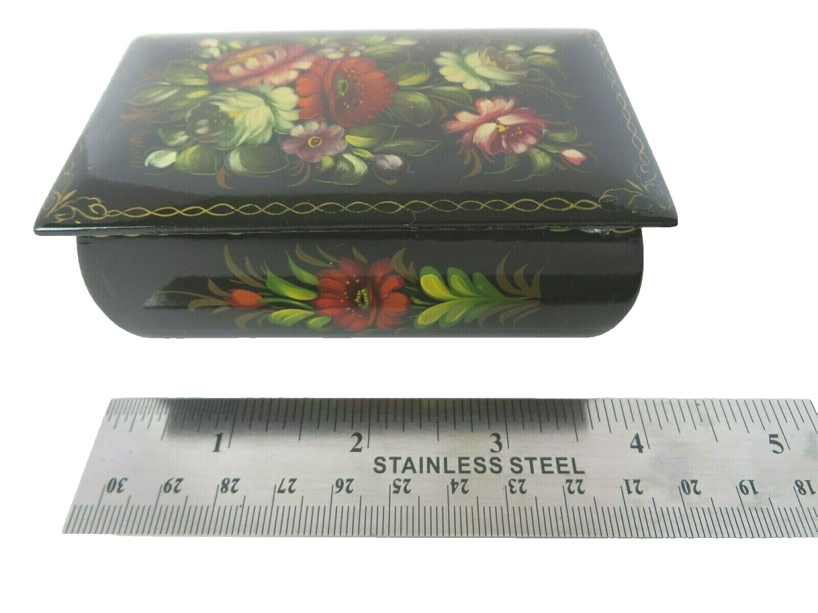 Black Lacquer Hand Painted Trinket Box with Lid Artist Signed Russia #3750
