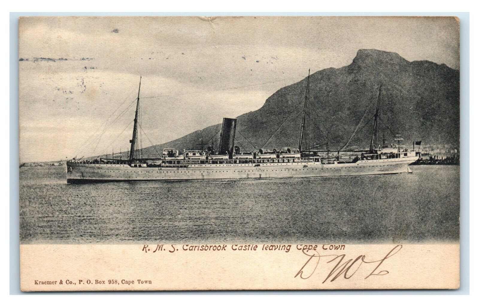 Postcard RMS Carisbrook Castle leaving Cape Town 1905 U88