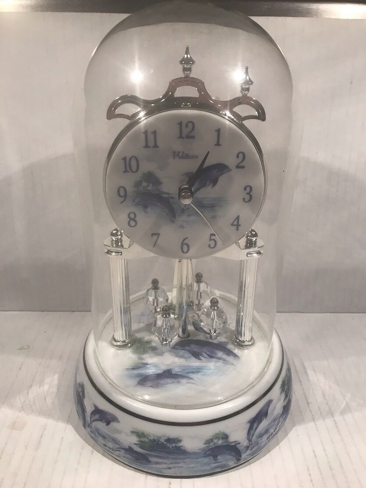 Waltham Anniversary Clock Chime Glass Ocean Dolphin With Glass Dome 10\