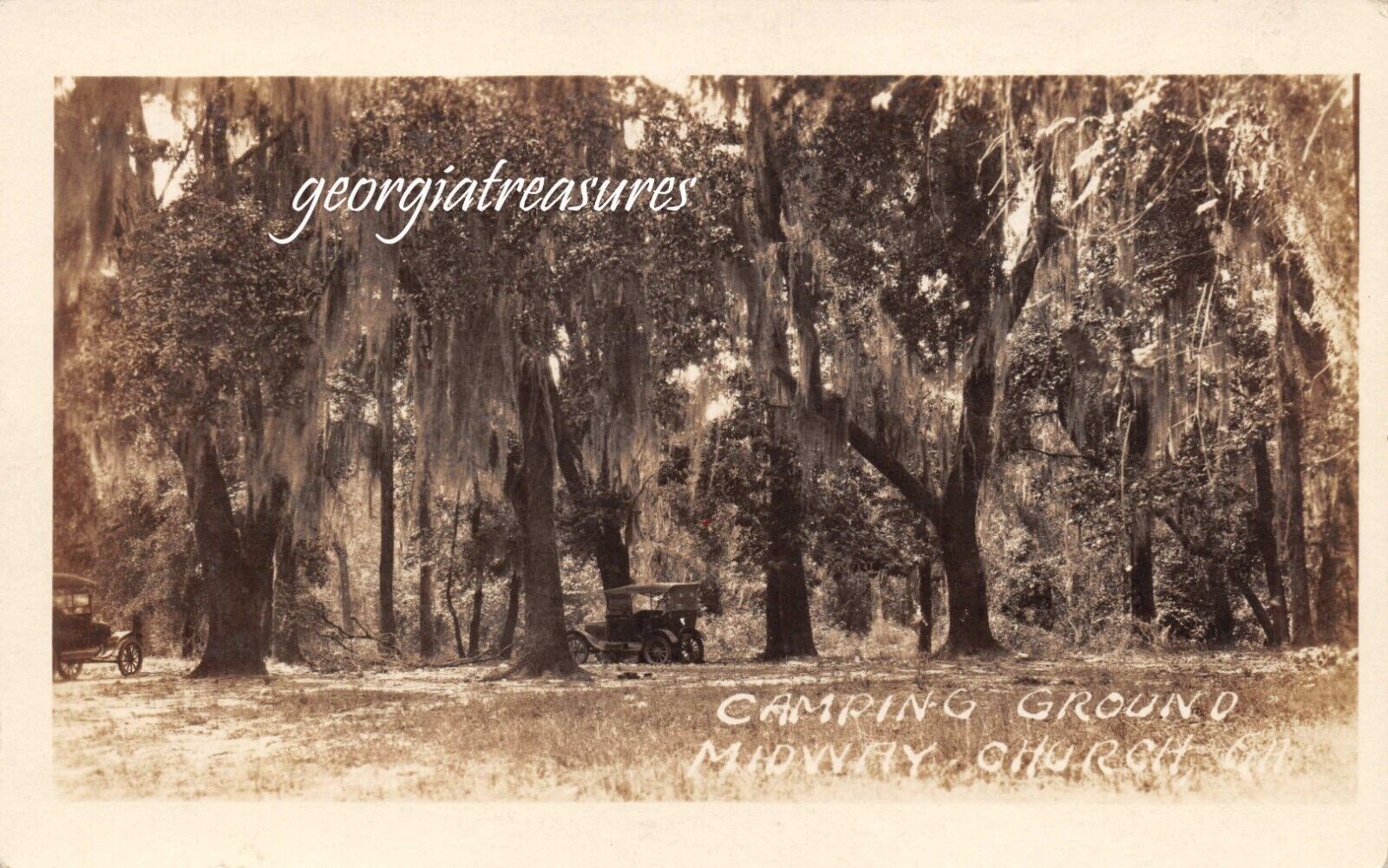 GA~GEORGIA~MIDWAY~MIDWAY CHURCH~CAMPING GROUND~EARLY CARS~C.1923~RPPC~REAL PHOTO