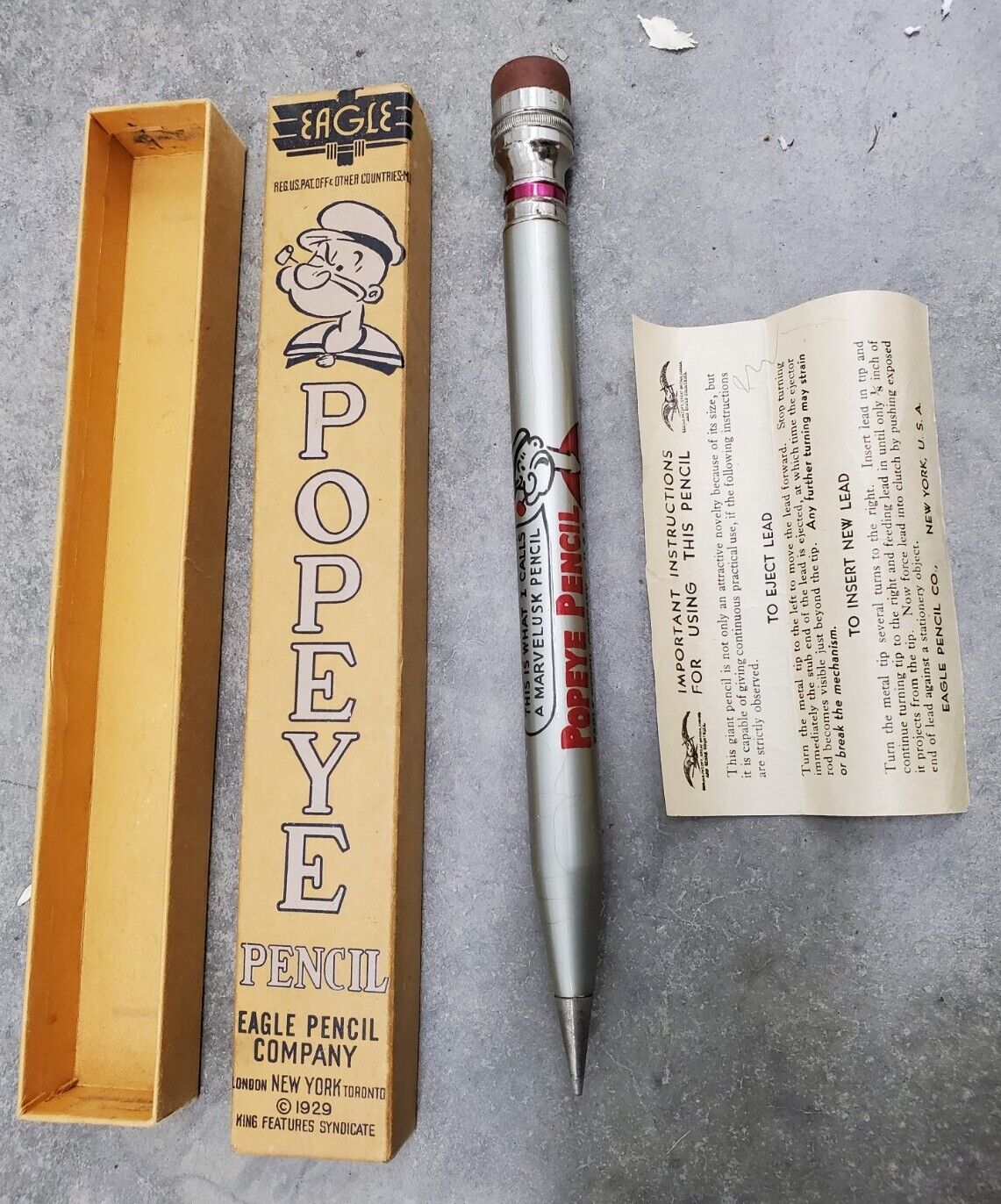 1929 LARGE POPEYE PENCIL BY EAGLE WITH BOX