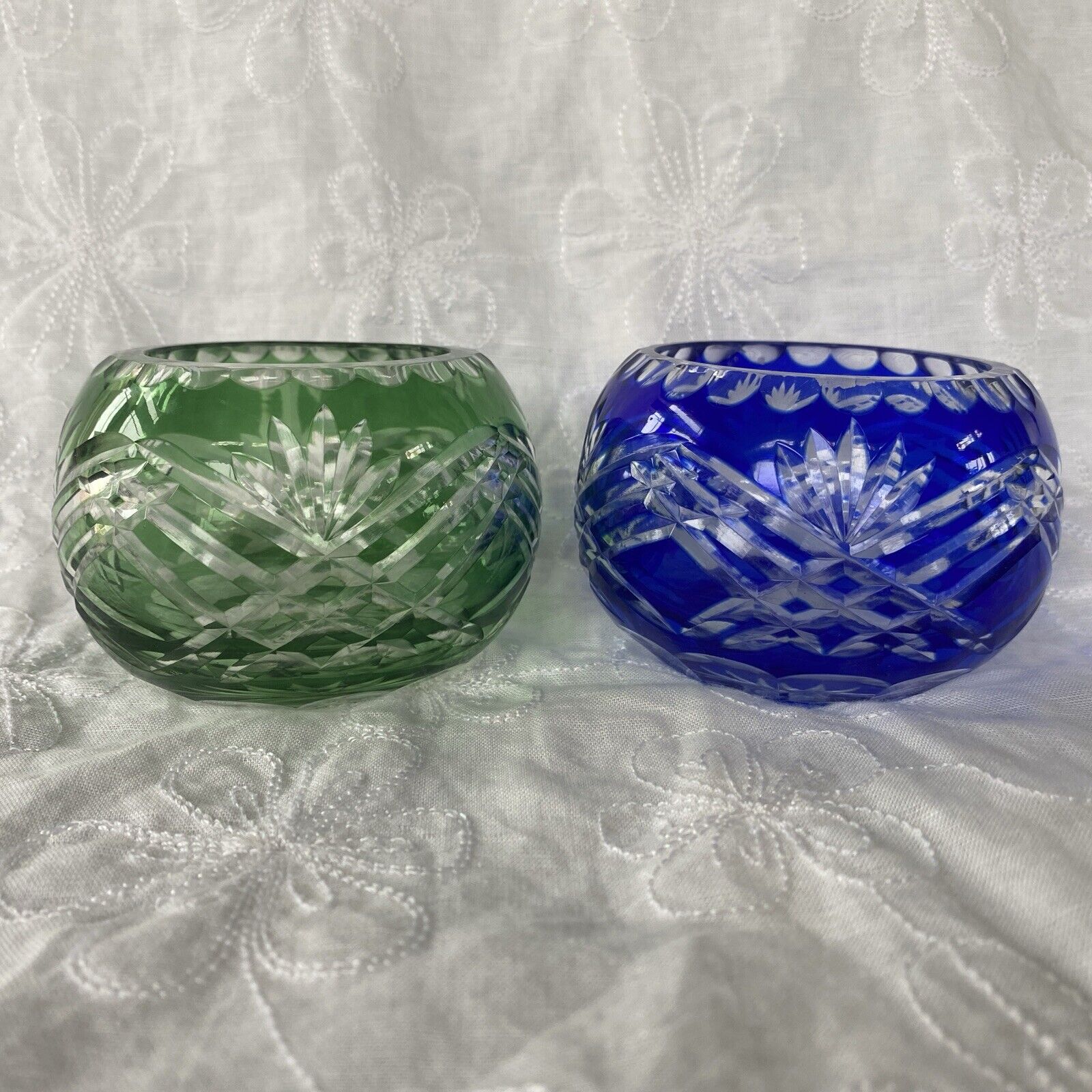 Two (2) Cut-to-Clear Green and Blue Votive Candle Holders FIFTH AVE Crystal