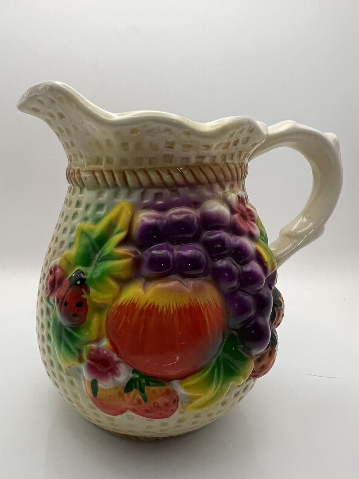 Costa Rica Pottery Yellow Pitcher Pink Flowers And Fruit 24 oz - Beautiful