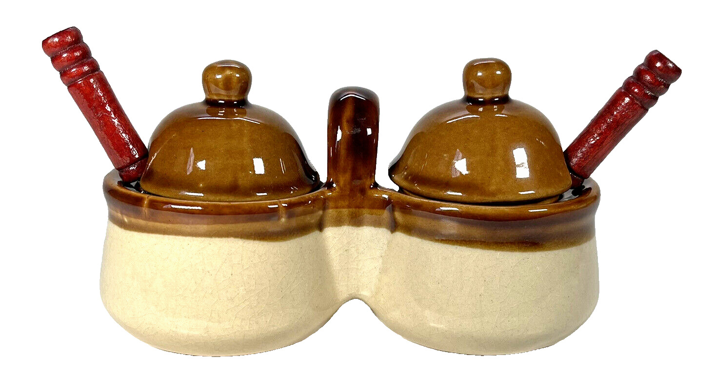Vintage Brown Drip Glaze Double Condiment Set w Spoons Jam Honey Mid Century Mod