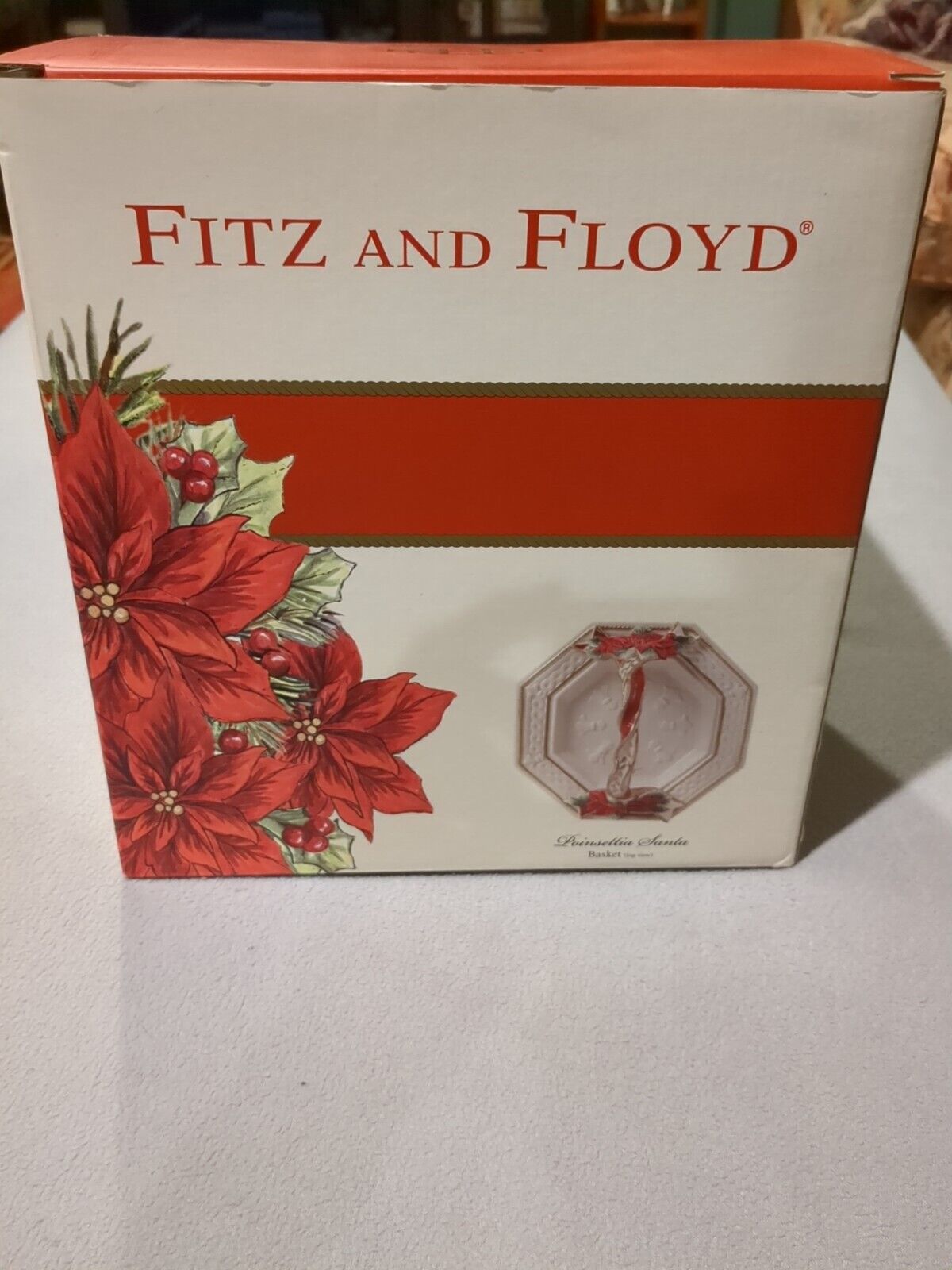 Vintage Fitz & Floyd Ceramic Poinsettia Santa Candy Hor d'Oeuvres Tray Basket