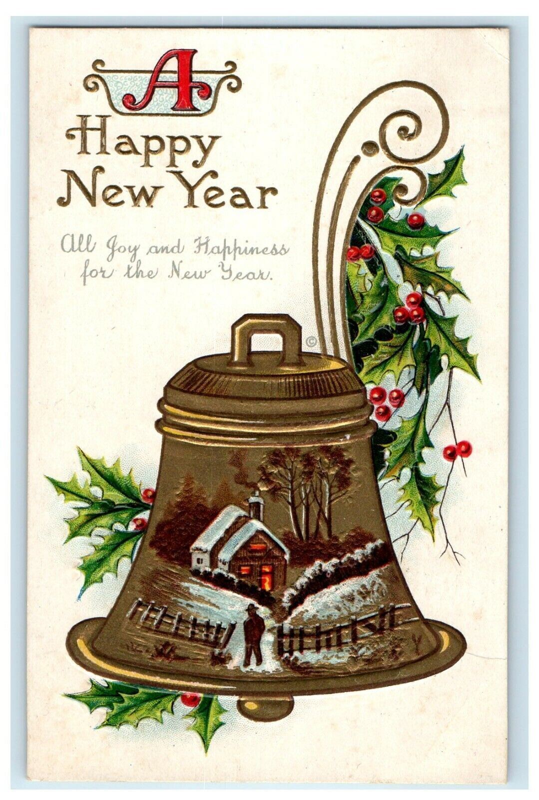 c1910 New Year Bell Holly Berries Winter Snow Embossed Antique Postcard