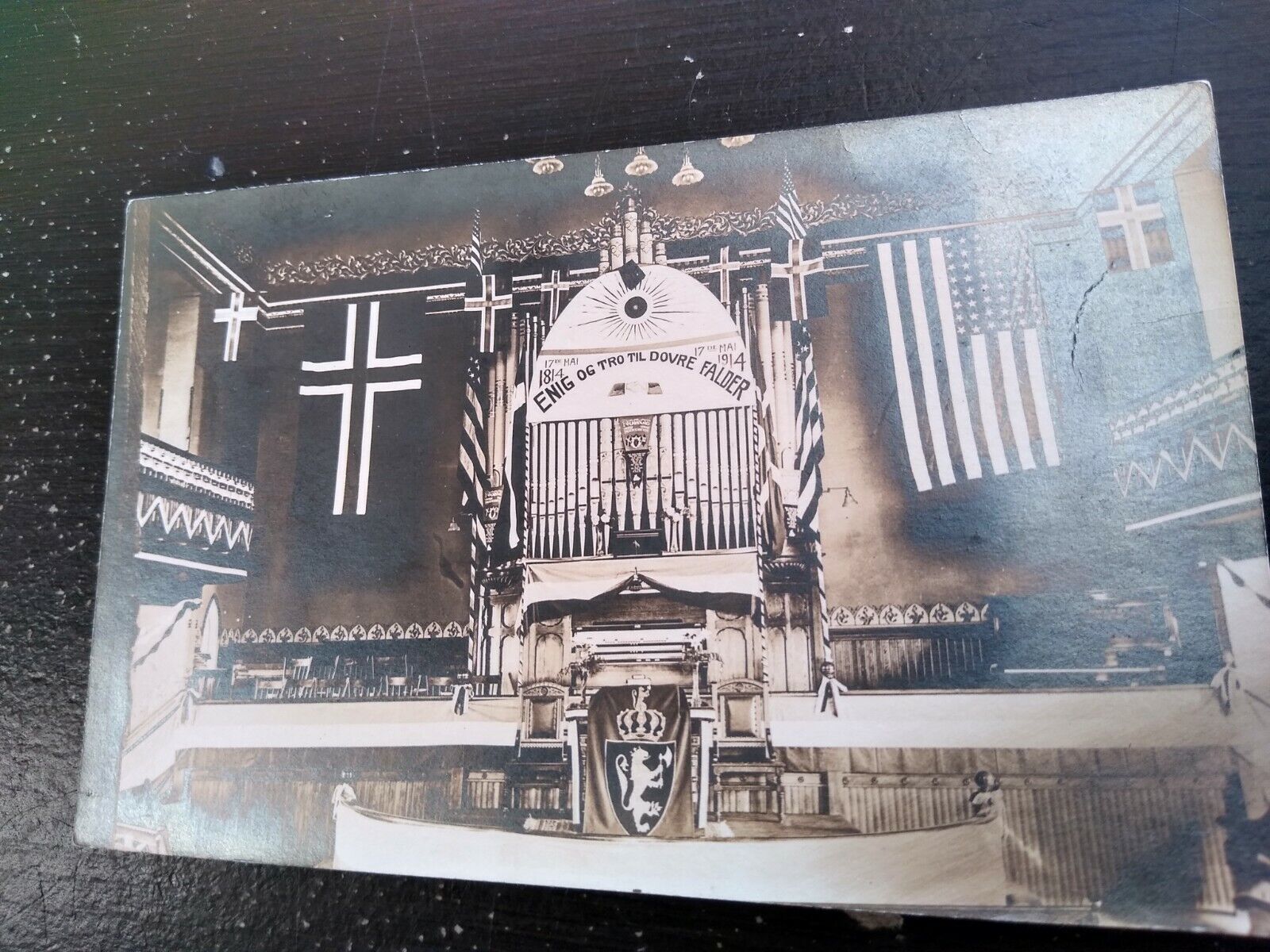 \'14 Enig Til Dovre Falder Norweigian Constitution Church US Flag RPPC Postcard