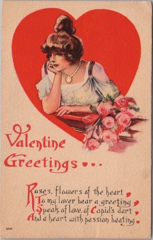 Vintage VALENTINE GREETINGS Postcard Pretty Lady \
