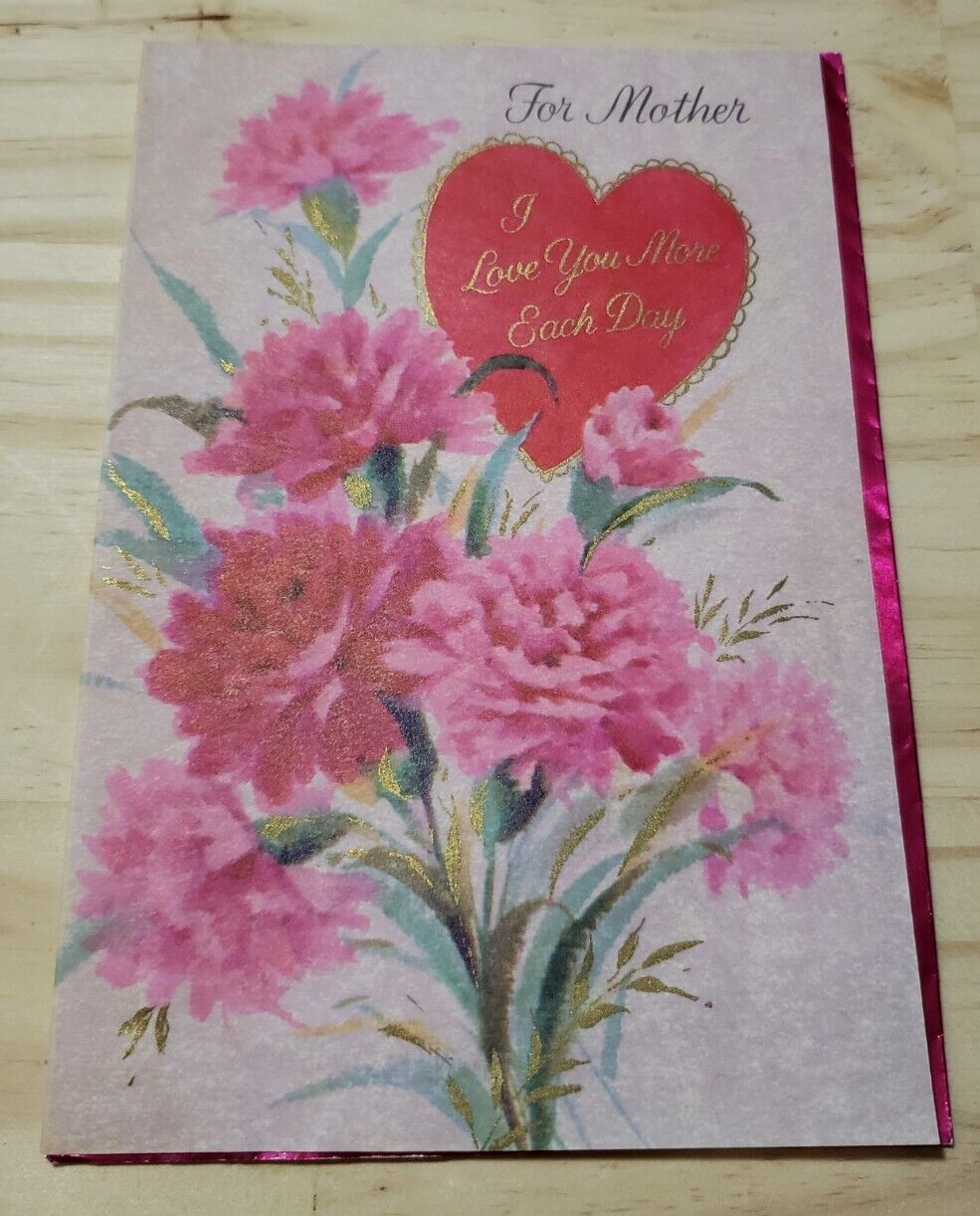 USED Mother Valentine\'s Day Vintage Card Pink Foil Heart With Pink Carnations 