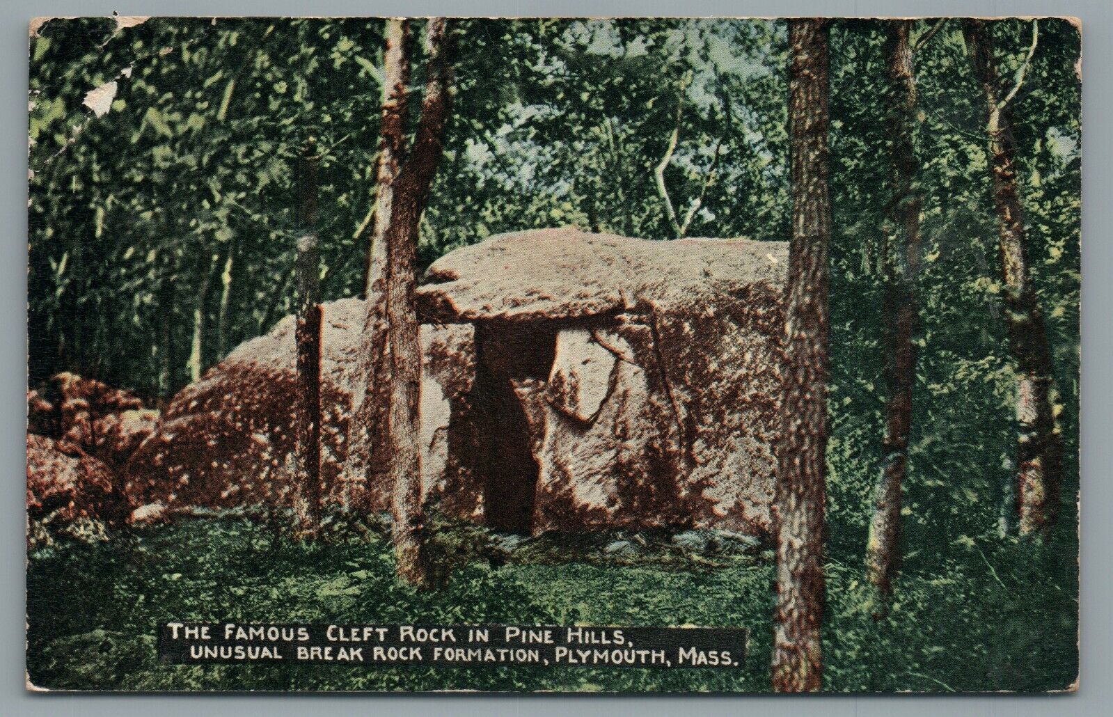 Famous Cleft Rock In Pine Hills Break Rock Formation Plymouth MA Postcard 1917