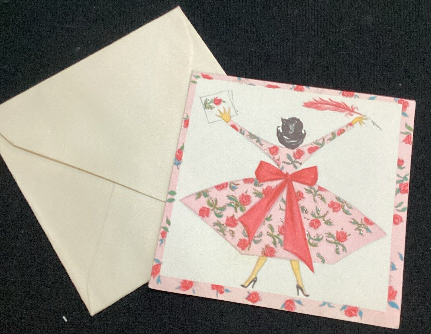 Vintage 1950S Hallmark Unused Greeting Card Blank Inside Rose Dress Woman