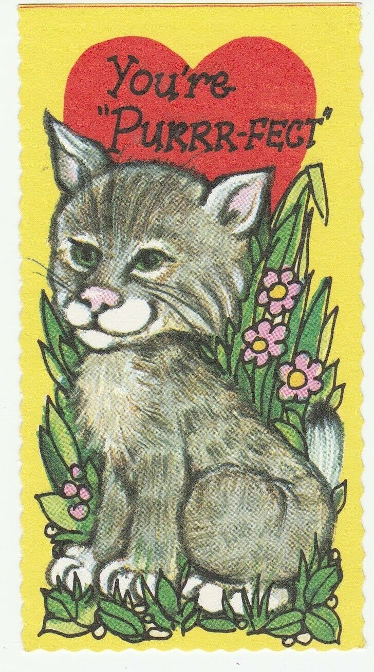 Vintage Valentine Card Cat You\'re Purrr-fect 1960\'s Unused Yellow Background